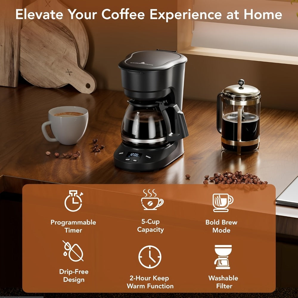 Five-Cup Programmable Drip Coffee Maker with 24-Hour Timer, Glass Carafe and Reusable Filter