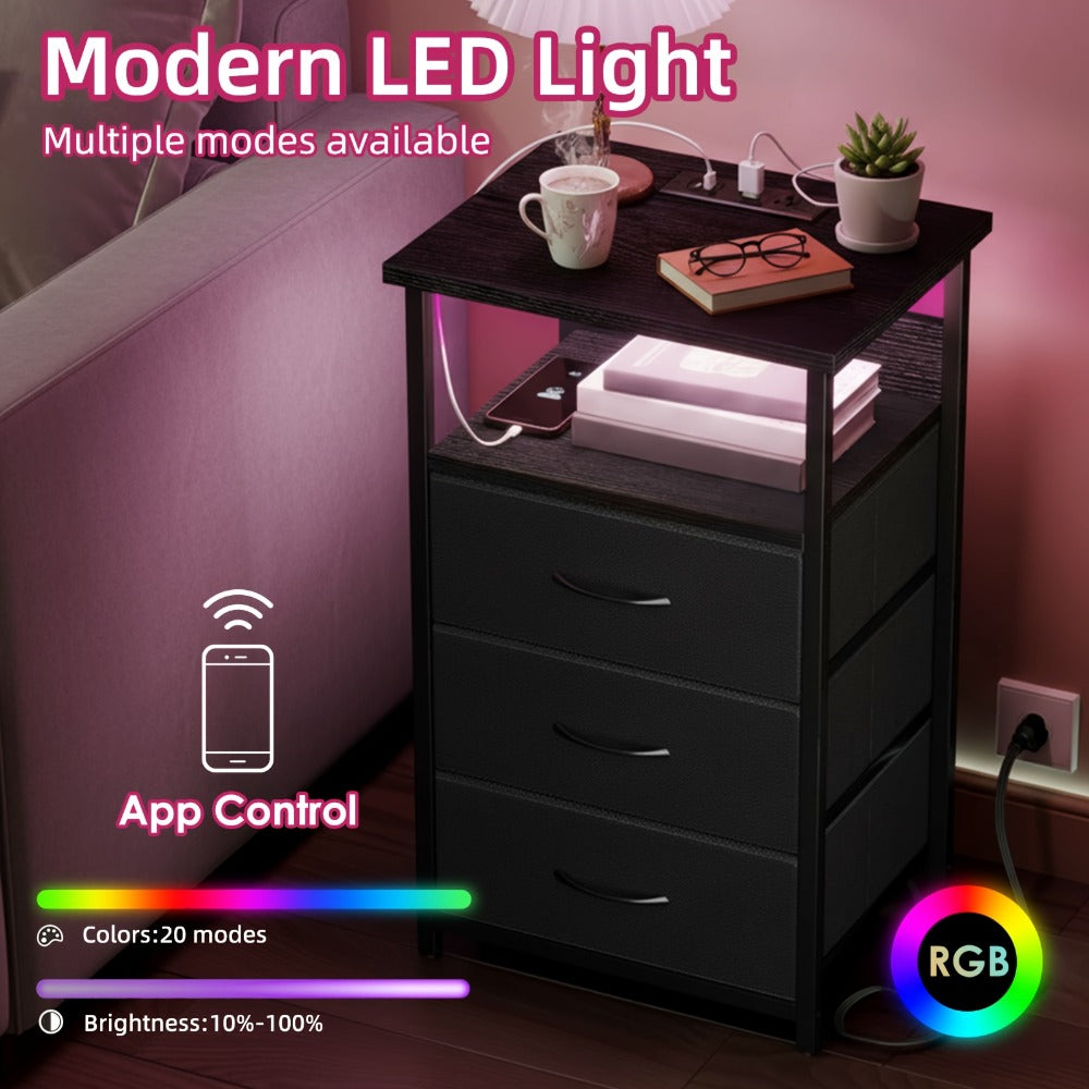 Nightstand Three Fabric Drawers with Charging Station, Open Shelf and Optional LED Configuration
