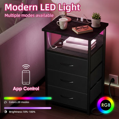Nightstand Three Fabric Drawers with Charging Station, Open Shelf and Optional LED Configuration