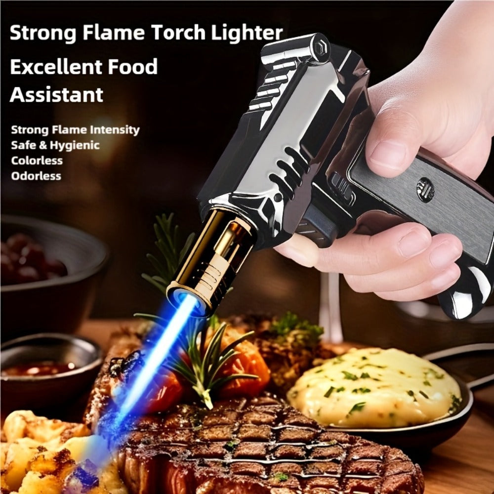 Pistol-Grip Refillable Butane Torch Lighter with Straight Flame in Black, Gold or Silver Finishes