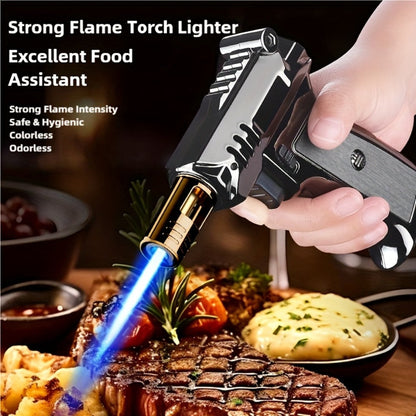 Pistol-Grip Refillable Butane Torch Lighter with Straight Flame in Black, Gold or Silver Finishes