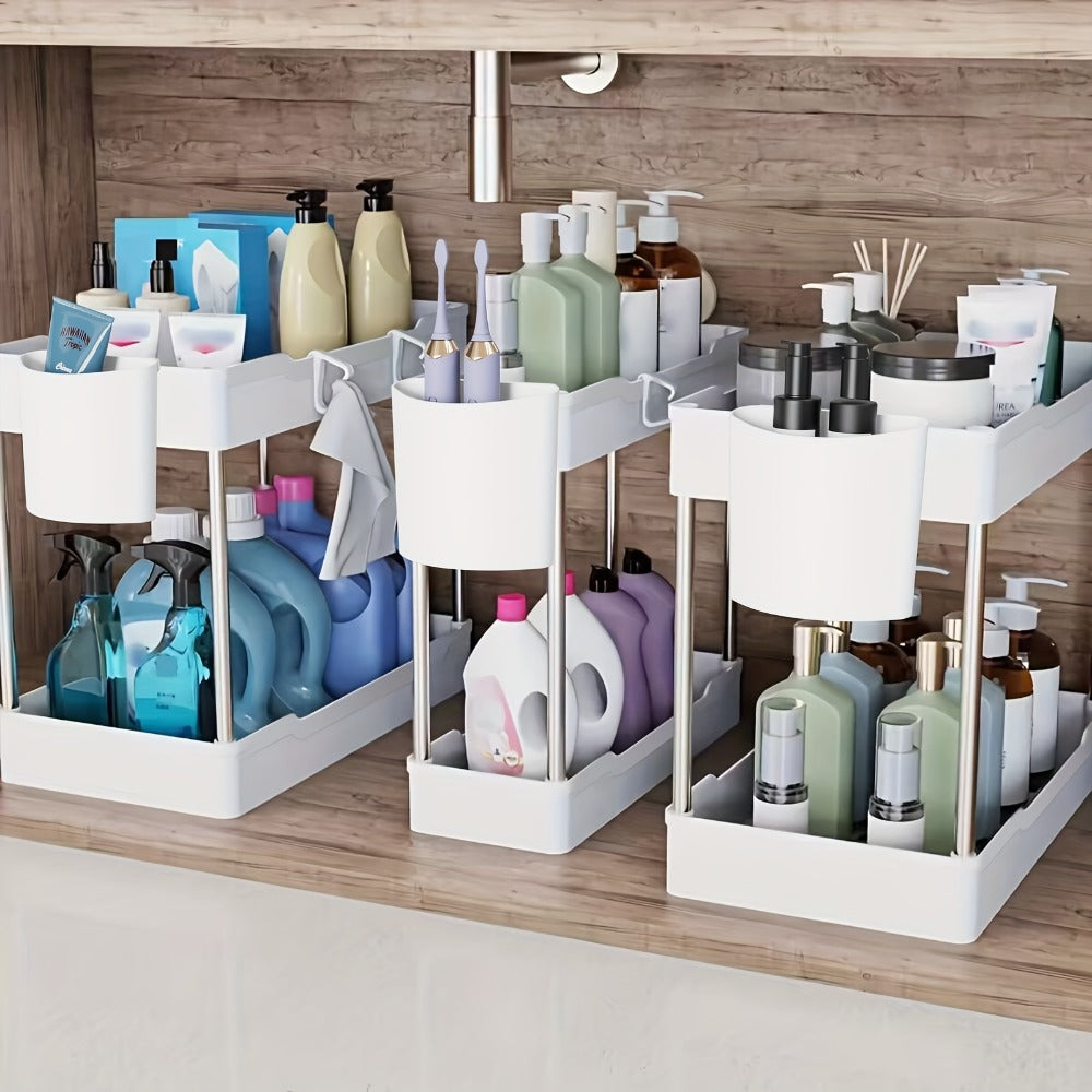 Three-Pack Under-Sink Storage Organizer Set with Two-Tier Racks in Graduated Sizes and Black or White Finish