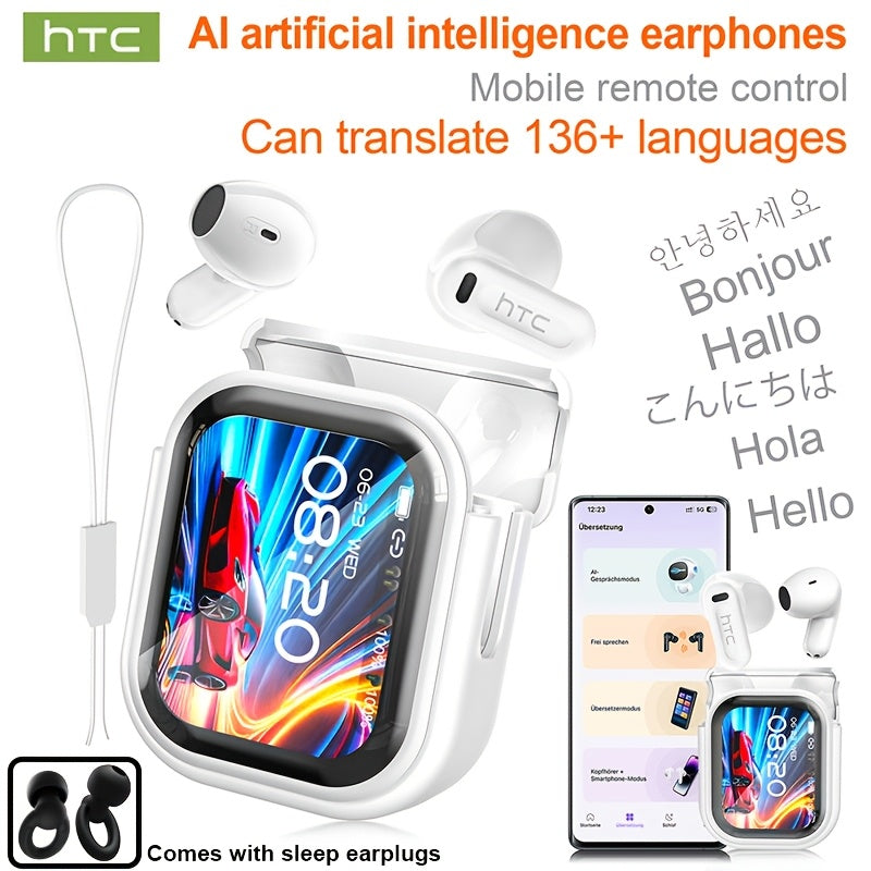 AI Translation Earbuds with Color Touchscreen Charging Case in Black or White and Five Bundle Options