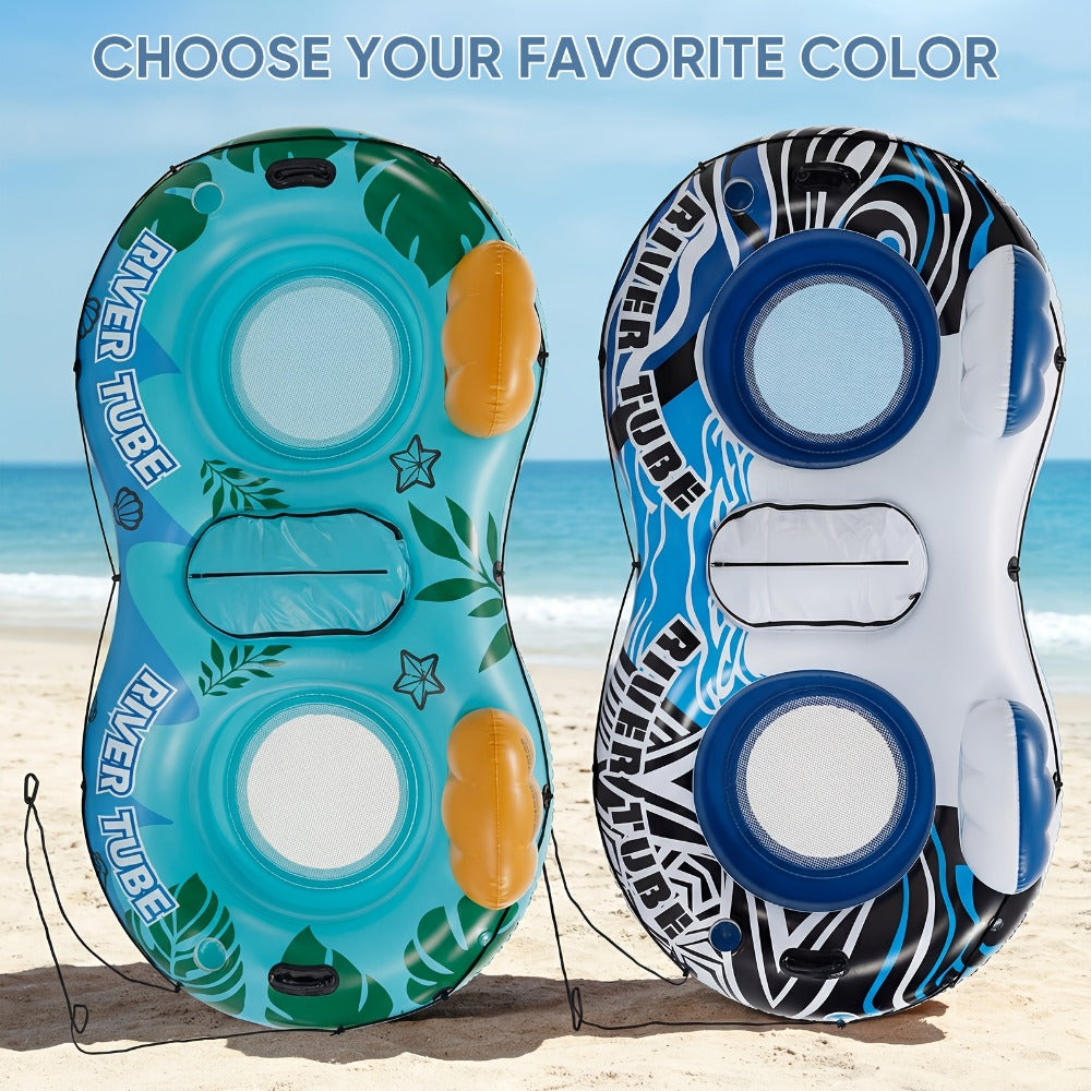 Pool Float Double Ring Raft for Two with Detachable Cooler, Two Cup Holders and Inflatable Backrests