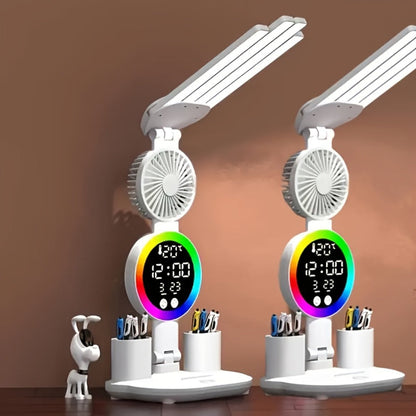 Multifunction LED Desk Lamp with Dual Light Bars, Built-In Fan, Digital Clock Display and One- or Two-Pack Options