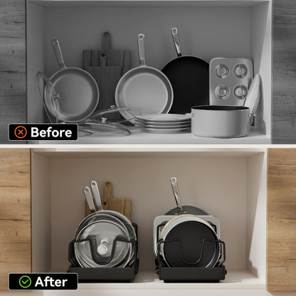 Two-Piece Pull-Out Cabinet Organizer for Pot Lids and Cookware with Removable Dividers in Black or White