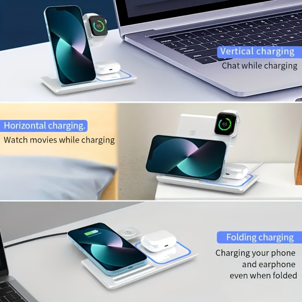 3-in-1 Wireless Charging Station with QC3.0 Adapter Included 15W Fast Charge – Upright Stand for iPhone 17/16/15/14/13/12/11, Apple Watch Ultra/Series 9/8/SE & AirPods | Black & White