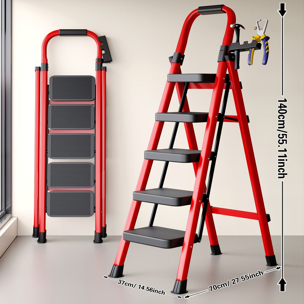 Folding Step Ladder 3 5 Step Steel Anti-Slip Wide Treads Handrail Safety Lock Portable for Home Cooking, Dining and Outdoor Meals