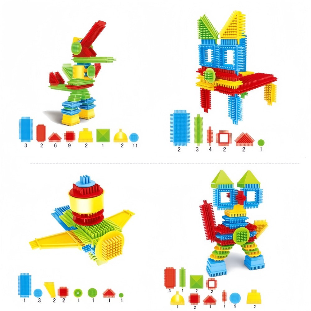 Building Block Set Bristle Construction Pieces, 150-Piece Colorful Interlocking Shapes with Storage Tub