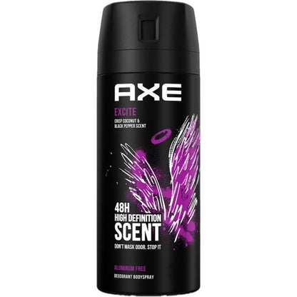 AXE Excite Body Spray Three-Pack with 150ml Black Aerosol Cans, Purple Graphics and Excite Scent Label