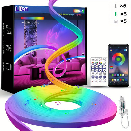 RGBIC Color Chasing LED Neon Rope Light with App & Remote Control, Music Sync, DIY Design, Multi-Color Including White, USB Powered, for Bedroom, Gaming Room, Christmas, Indoor & Outdoor Decoration