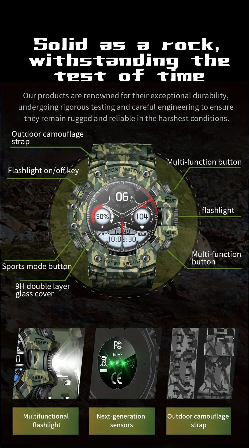 Smartwatch for Men 1.32 Inch Tactical Watch with LED Flashlight, SOS and 100+ Sport Modes in Eleven Colors