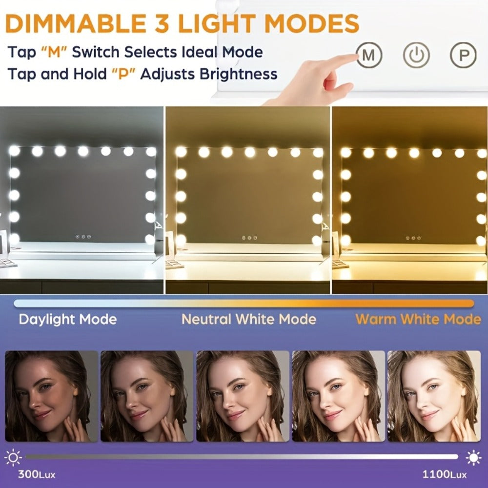 Hollywood Vanity Mirror with Lights – 15 LED Bulbs, 3 Color Modes, Dimmable Brightness, 23x18 Inch, USB & Type-C Charging, Touch Control, Desk & Wall Mount, Metal Frame Makeup Mirror