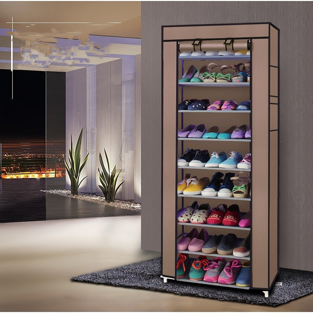 Shoe Rack with Dustproof Cover 10 Layers 9 Cubbies – Large Capacity Non-Woven Shoe Organizer for Entryway, Closet & Bedroom – Space-Saving Steel Frame Shoe Shelf, Easy Assembly
