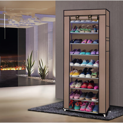 Shoe Rack with Dustproof Cover 10 Layers 9 Cubbies – Large Capacity Non-Woven Shoe Organizer for Entryway, Closet & Bedroom – Space-Saving Steel Frame Shoe Shelf, Easy Assembly