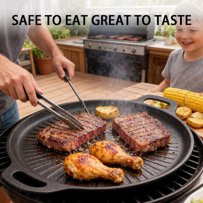 BBQ Griddle Pan Non-Stick with Oil Drain Groove & Double Handles – Multi-Function Grill Frying Pan with Oil Brush for Outdoor BBQ Family Gatherings Indoor Stovetop Cooking | Easy Clean Cookware