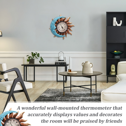 13.8-Inch Sun and Moon Outdoor Thermometer with Analog Dial and Blue-Bronze Wall-Mount Frame
