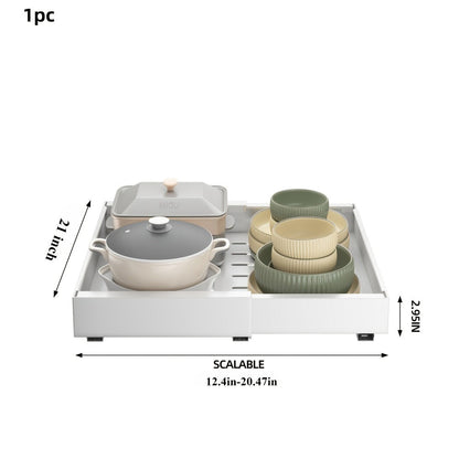 Expandable Pull-Out Cabinet Shelf with Adjustable Width, 16.5- or 21-Inch Depths and Black or White Pack Options