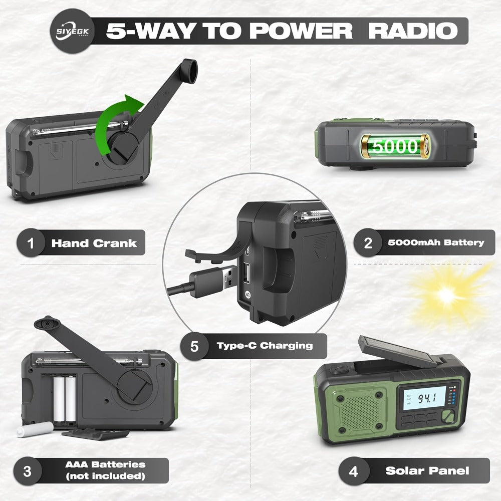 5000mAh Digital AM/FM/NOAA Emergency Radio with Solar Panel, Hand Crank, Reading Light and Three Colors