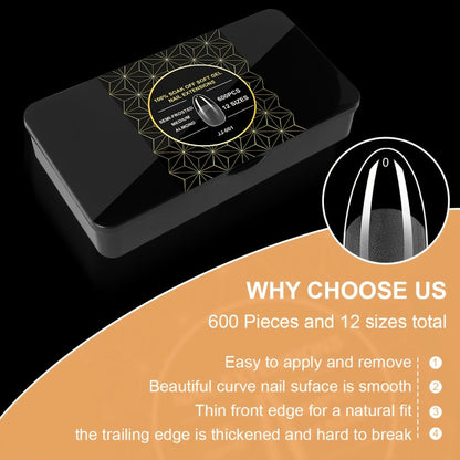 Clear Full-Cover Nail Tips, 600-Piece Set in Nine Almond, Oval, Stiletto, Coffin and Square Length Options