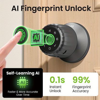 GHome KD03 PRO Smart Door Knob 4-in-1 with USB-C Charging & Gateway Remote - Fingerprint, Keypad & App, Anti-Peep, Tamper Alarm, Emergency Power, Keyless Entry, Black