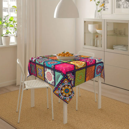Tablecloth with Colorful Patchwork Mandala Print in Round, Square and Rectangle Size Options