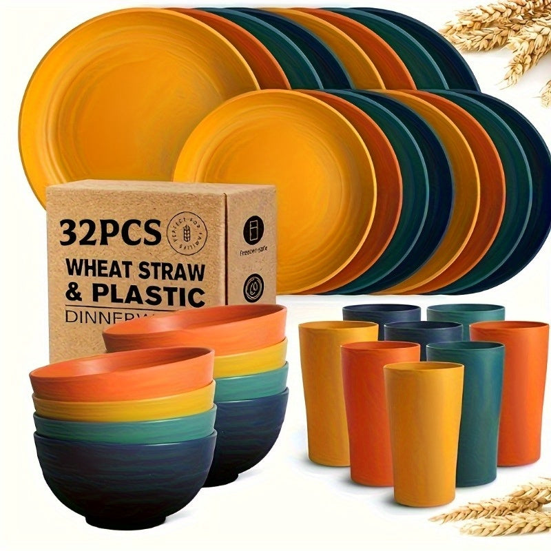 Wheat Straw Dinnerware Set 16 or 32 Piece – Plates & Bowls for 4 or 8 People, Microwave & Dishwasher Safe Plastic Dish Set, Lightweight Colorful Tableware for Home, Party & Holiday