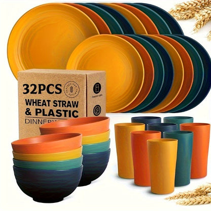 Wheat Straw Dinnerware Set 16 or 32 Piece – Plates & Bowls for 4 or 8 People, Microwave & Dishwasher Safe Plastic Dish Set, Lightweight Colorful Tableware for Home, Party & Holiday