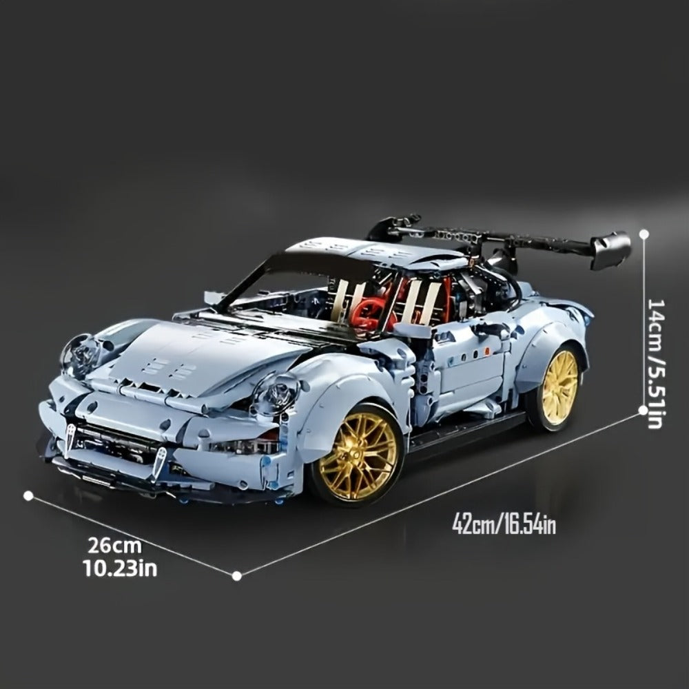Misty Blue Lowrider Sports Car Building Block Model with 2,100 Pieces, Two Checkout Sets and Display Stand