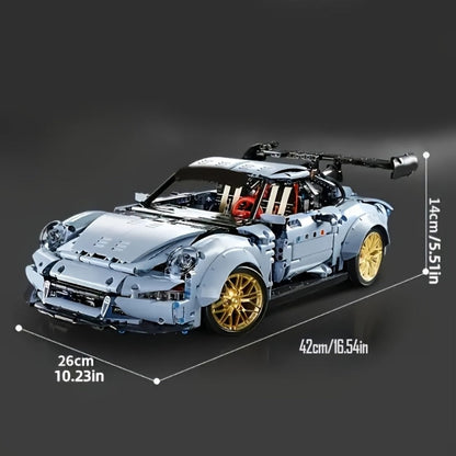 Misty Blue Lowrider Sports Car Building Block Model with 2,100 Pieces, Two Checkout Sets and Display Stand