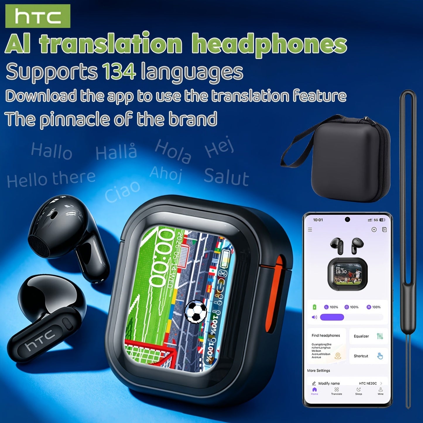 AI Translation Earbuds with Color Touchscreen Charging Case in Black or White and Five Bundle Options