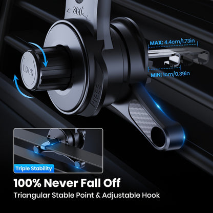 Three-Point Air-Vent Phone Mount with Extendable Hook, Adjustable Arm and Black Finish for In-Car Viewing