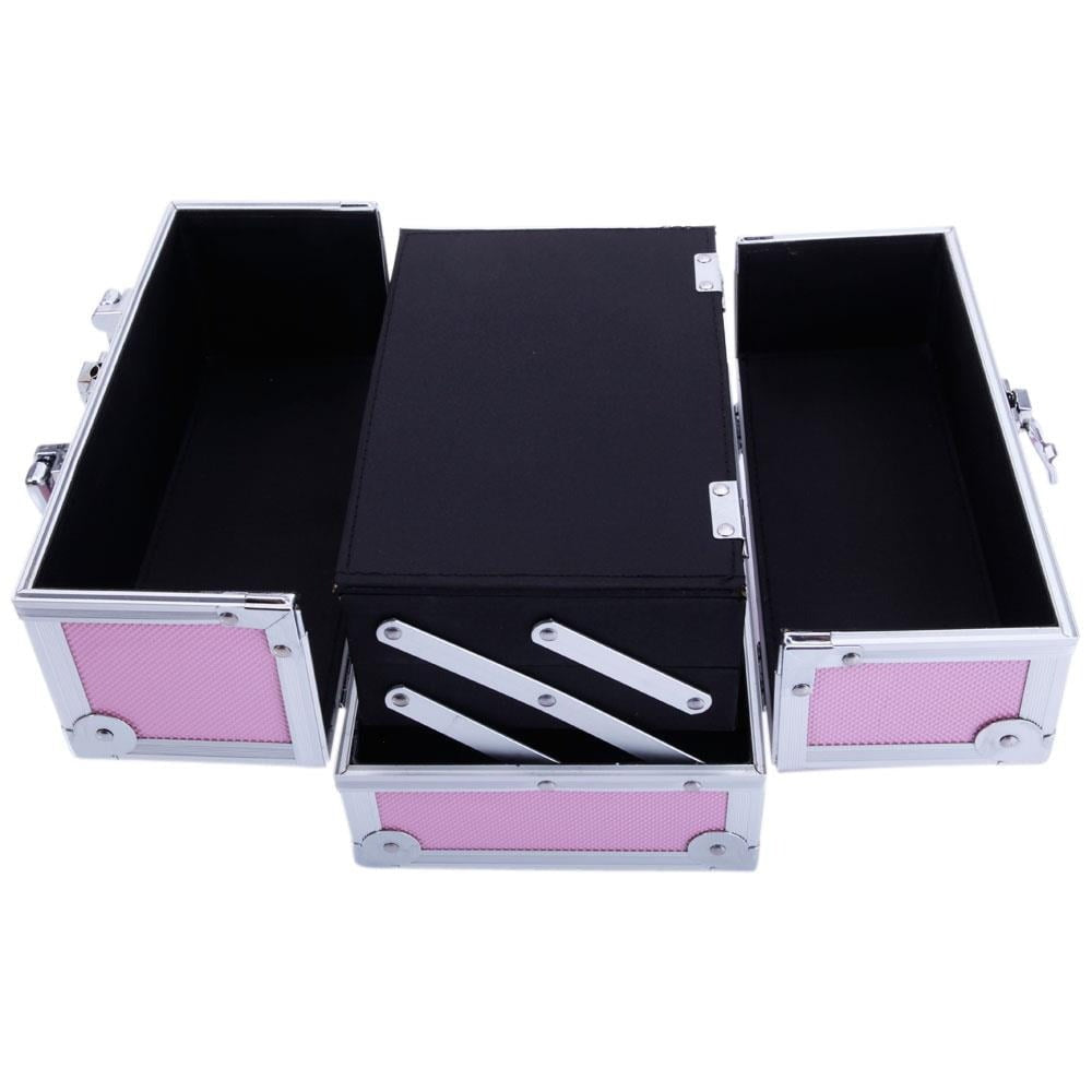 Tabletop Makeup Carry Case with Mirror, Fold-Out Trays and Dividers in Black, Silver or Pink