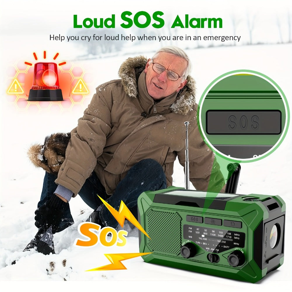 10000mAh AM/FM Emergency Radio with Solar Panel, Hand Crank, Reading Light and Yellow or Green Case