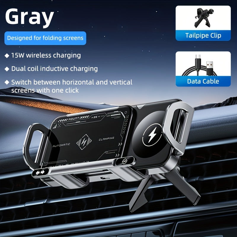 Wireless Charging Car Mount 15W Fast Charge – Universal Phone Holder for iPhone 15 14 13 12 11 8 X, Samsung Galaxy S24 S23 Note20 Fold 5 Fold 6, Supports Folding Screen Smartphones