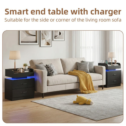 Nightstand Tray-Top Two-Drawer Bedside Table with Charging Station, LED Light and Black or White Finish