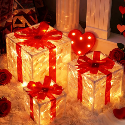 Three-Piece Lighted Gift Box Decoration Set with LED String Lights, Bow Handles and Four Holiday Style Options