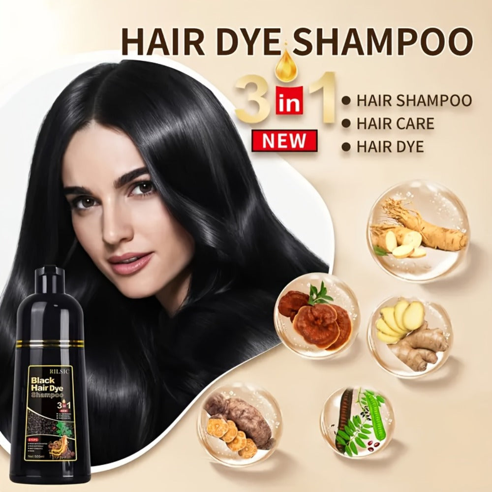 Hair Dye Shampoo, RILSIC 500ml Black 3-in-1 Single Bottle with Pump Dispenser for At-Home Color Application