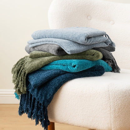 Chenille Fringe Throw Blanket – 180-200gsm Velvety Soft Decorative Throw for Sofa & Couch, Home Decor, 50”×60”, 17 Colors