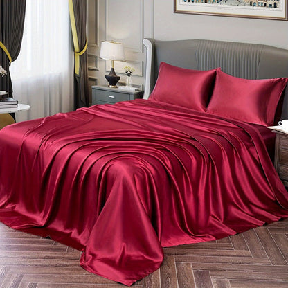 Bed Sheet Set 4-Piece Satin with 35–39 cm Deep Pocket, Machine-Washable Care and Seven Colors