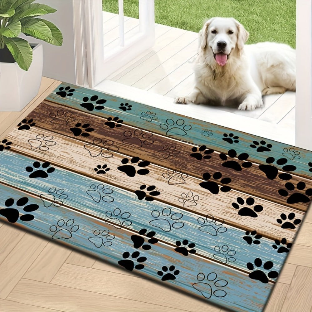 Cat Paw Print Door Mat with Blue and Brown Wood-Look Bands in Three Rectangular Entryway Sizes