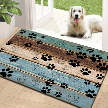 Cat Paw Print Door Mat with Blue and Brown Wood-Look Bands in Three Rectangular Entryway Sizes