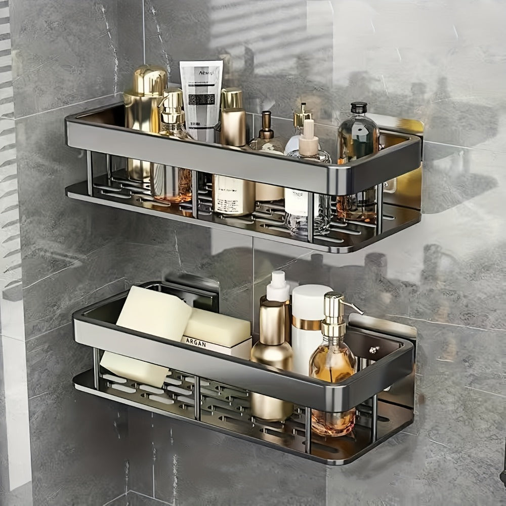 Two-Pack Wall-Mounted Stainless Steel Shower Caddy Set in Black or Silver Checkout Colors for Baths
