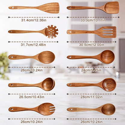 Wooden Spoons for Cooking 10 Pcs – Teak Wood Kitchen Utensils Set, Non-Stick Safe Spatulas & Spoon Cooking Tools