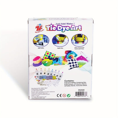 Tie-Dye Craft Kit with Eight Squeeze Bottles, Dye Packets, 40 Rubber Bands, Gloves and Instruction Sheet