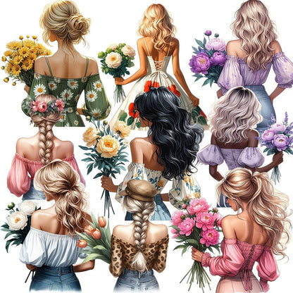 Floral Girl Journaling Sticker Set with 16 Cut-Out Designs in Style 1 or Style 2 for Planners and Scrapbooks