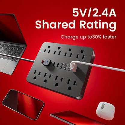 Power Strip Flat-Plug Wall-Mount 14-in-1 with 8 AC Outlets, 4 USB-A, 2 USB-C and 5- or 10-Foot Cord