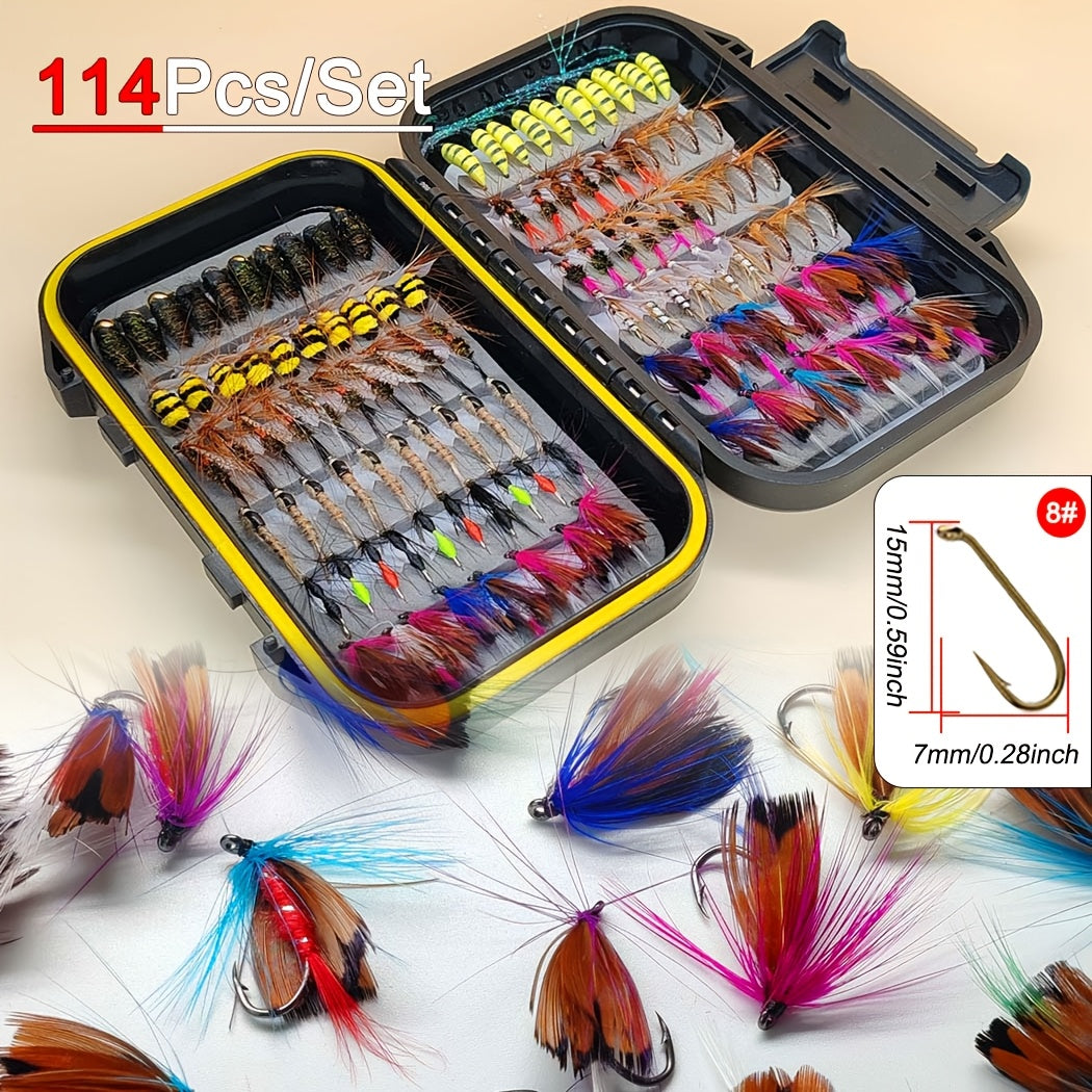 Fly Fishing Flies Kit Hand-Tied Assortment – Dry Flies, Wet Flies, Nymphs & Streamers for Trout, Bass, Salmon | Freshwater & Saltwater | 30/84/114Pcs with Fly Box for Stream, Lake & River Fishing