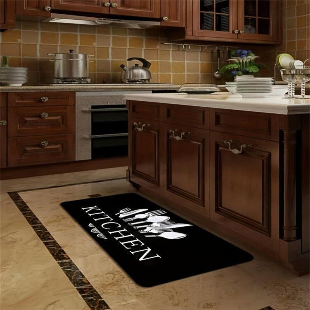 Kitchen Mat Set, 3-Piece Black Alphabet, Knife and Fork Pattern Rugs with Printed Wash-Care Instructions