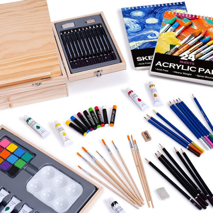 Acrylic Paint Set with Easel 85 Piece – Wooden Tabletop Easel Starter Kit with Acrylic Paints Sketch Pads Brushes & Palette | Complete Art Supplies for Adults Beginners & Professional Artists